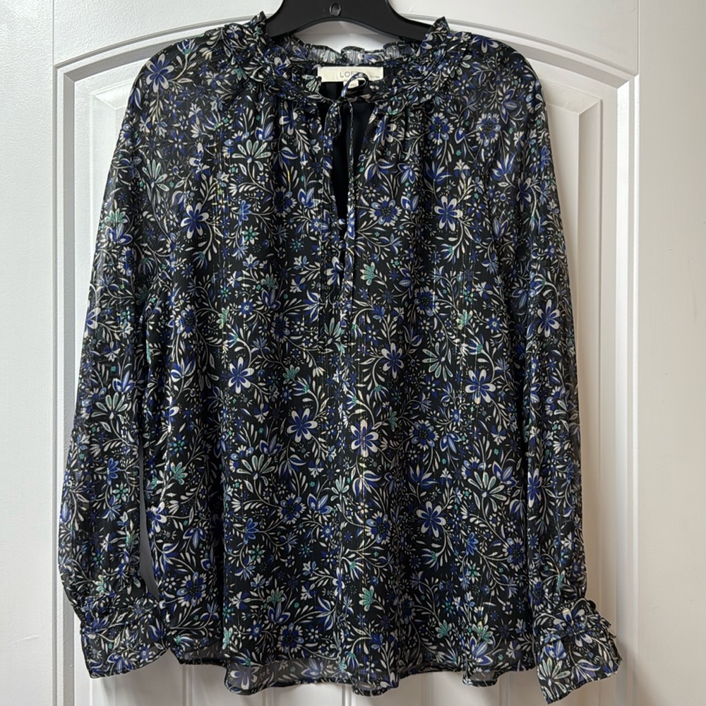 LOFT Black Floral Semi Sheer Long Sleeve